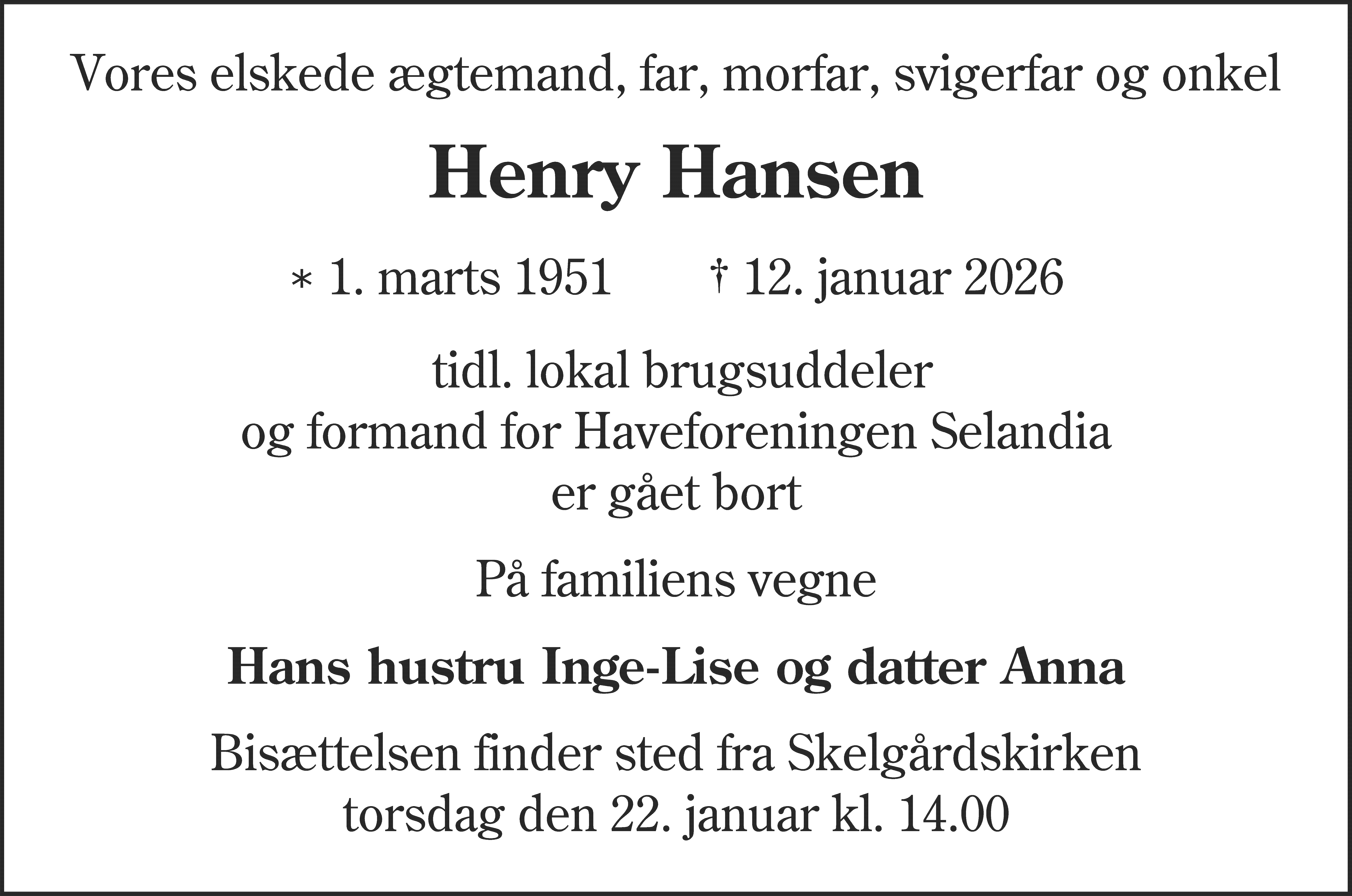 Dødsannonce for Henry Hansen
