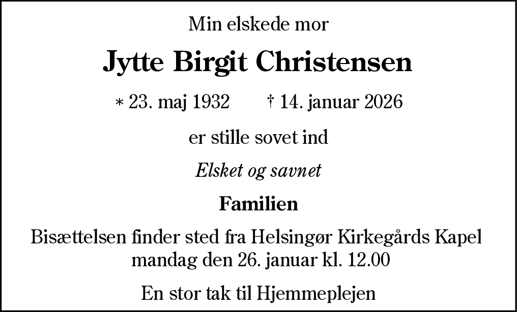 Dødsannonce for Jytte Birgit Christensen