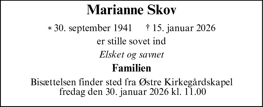 Dødsannonce for Marianne Skov