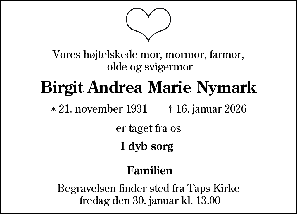 Dødsannonce for Birgit Andrea Marie Nymark