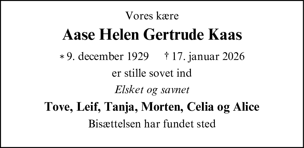 Dødsannonce for Aase Helen Gertrude Kaas