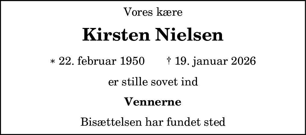 Dødsannonce for Kirsten Nielsen