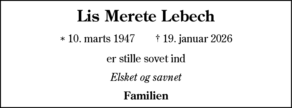 Dødsannonce for Lis Merete Lebech