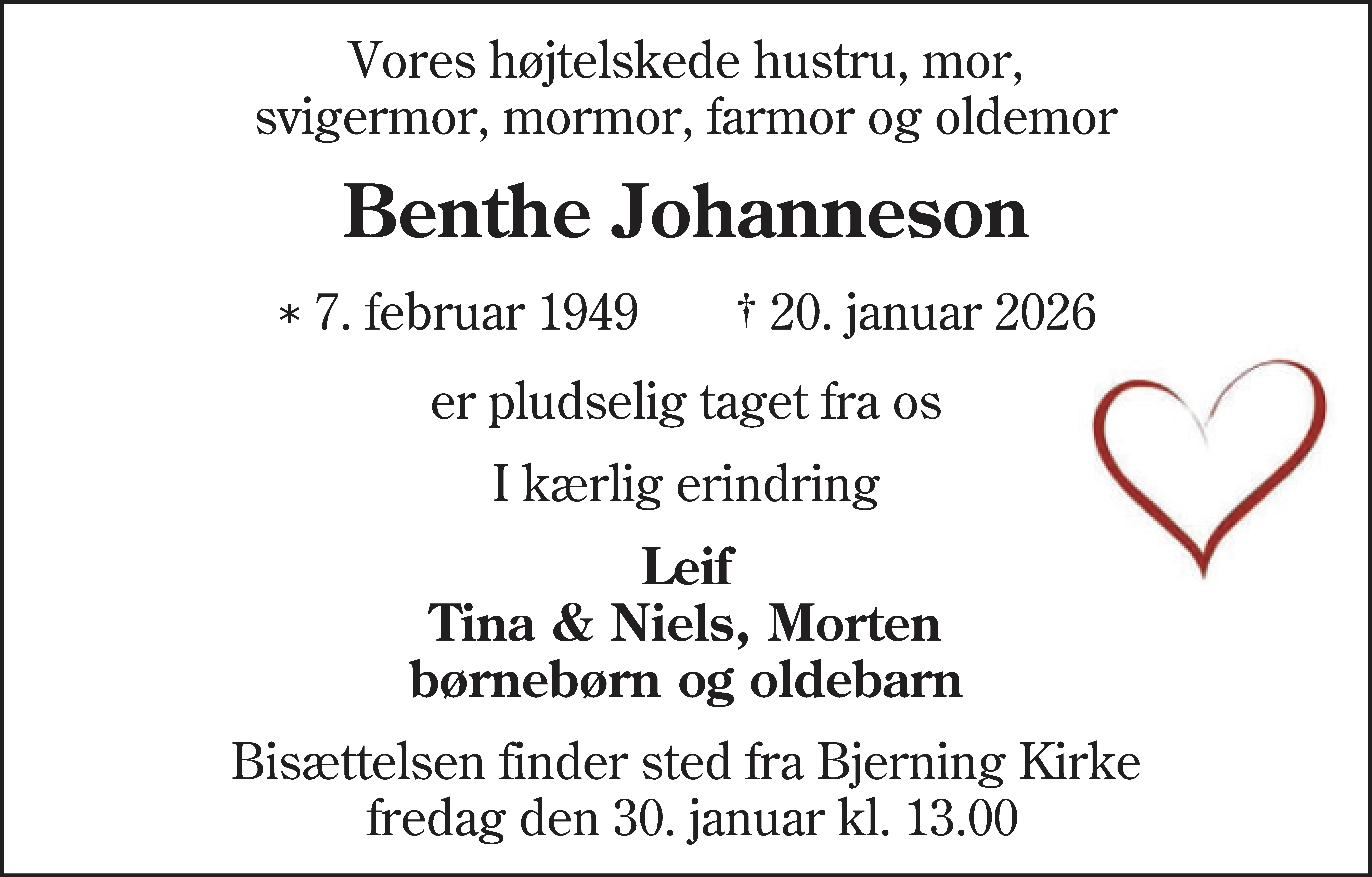 Dødsannonce for Benthe Johanneson