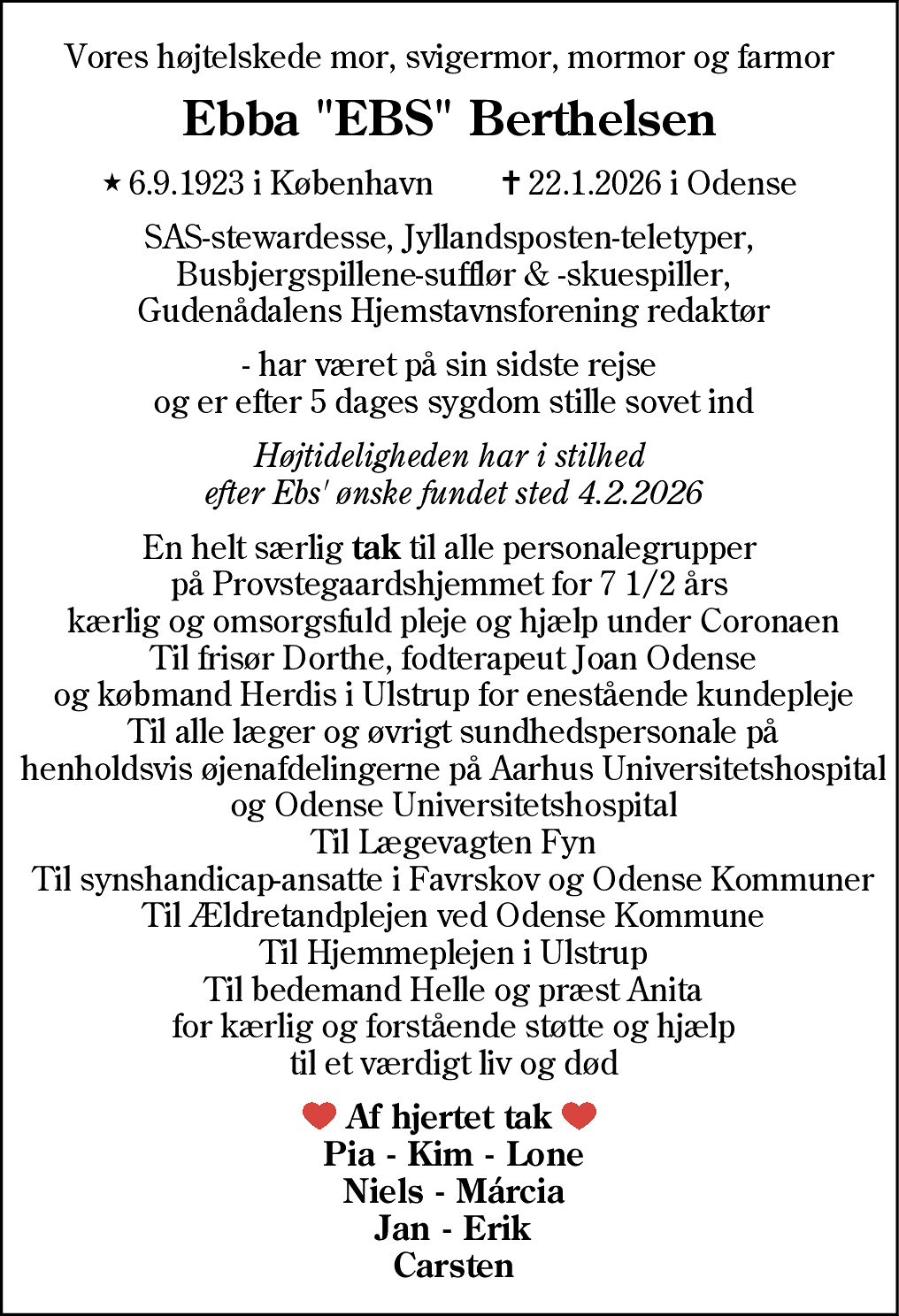 Dødsannonce for Ebba Berthelsen