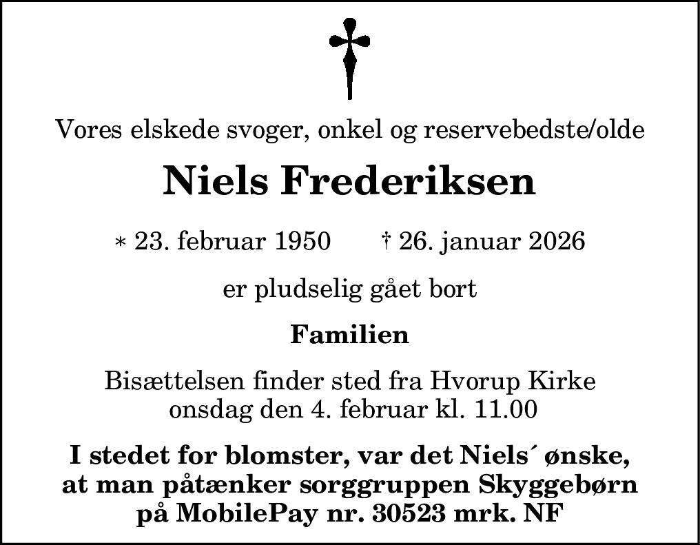 Dødsannonce for Niels Frederiksen