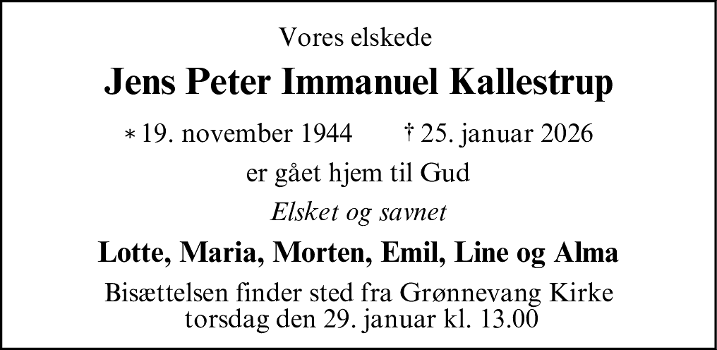 Dødsannonce for Jens Peter Immanuel Kallestrup