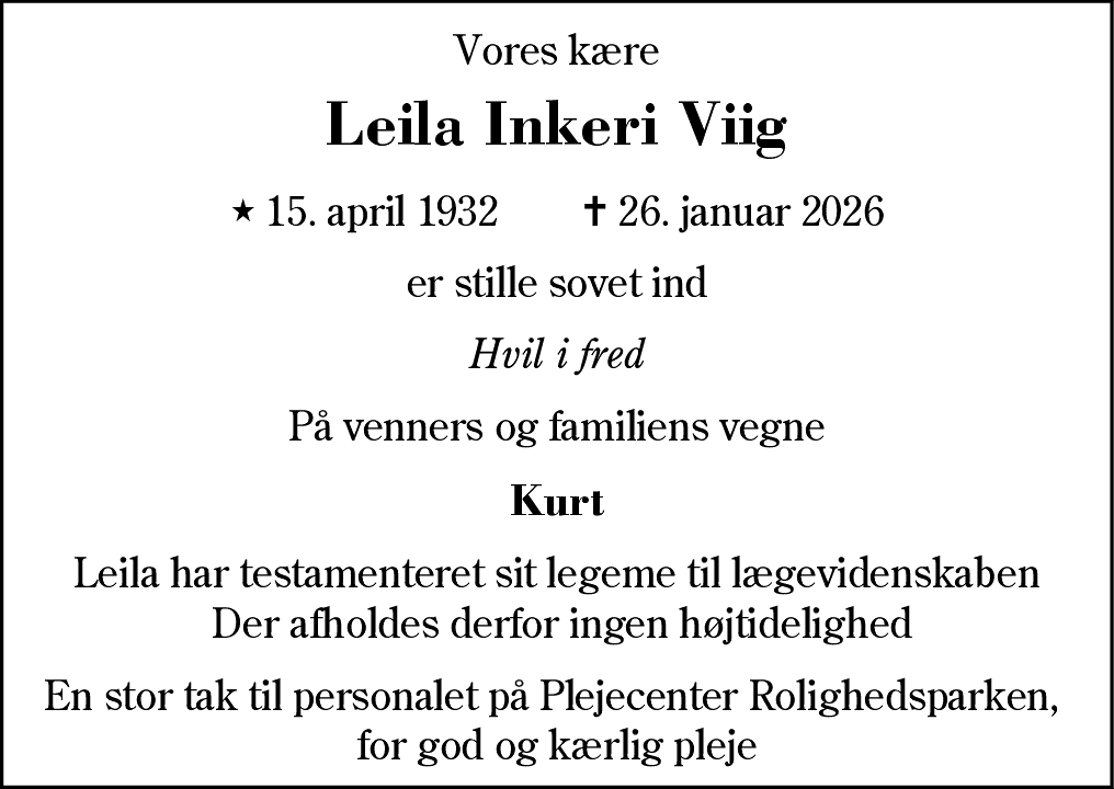 Dødsannonce for Leila Inkeri Viig