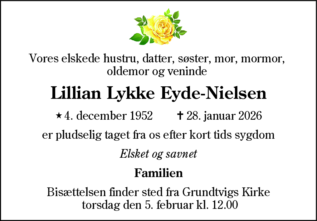 Dødsannonce for Lillian Lykke Eyde-Nielsen