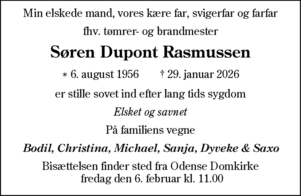 Dødsannonce for Søren Dupont Rasmussen