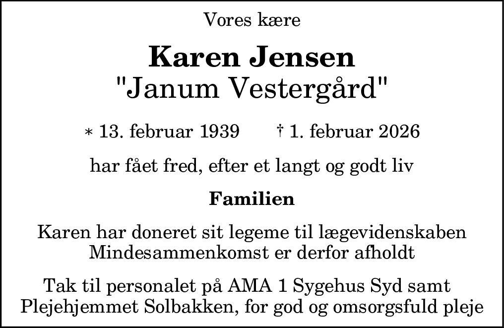 Dødsannonce for Karen Jensen