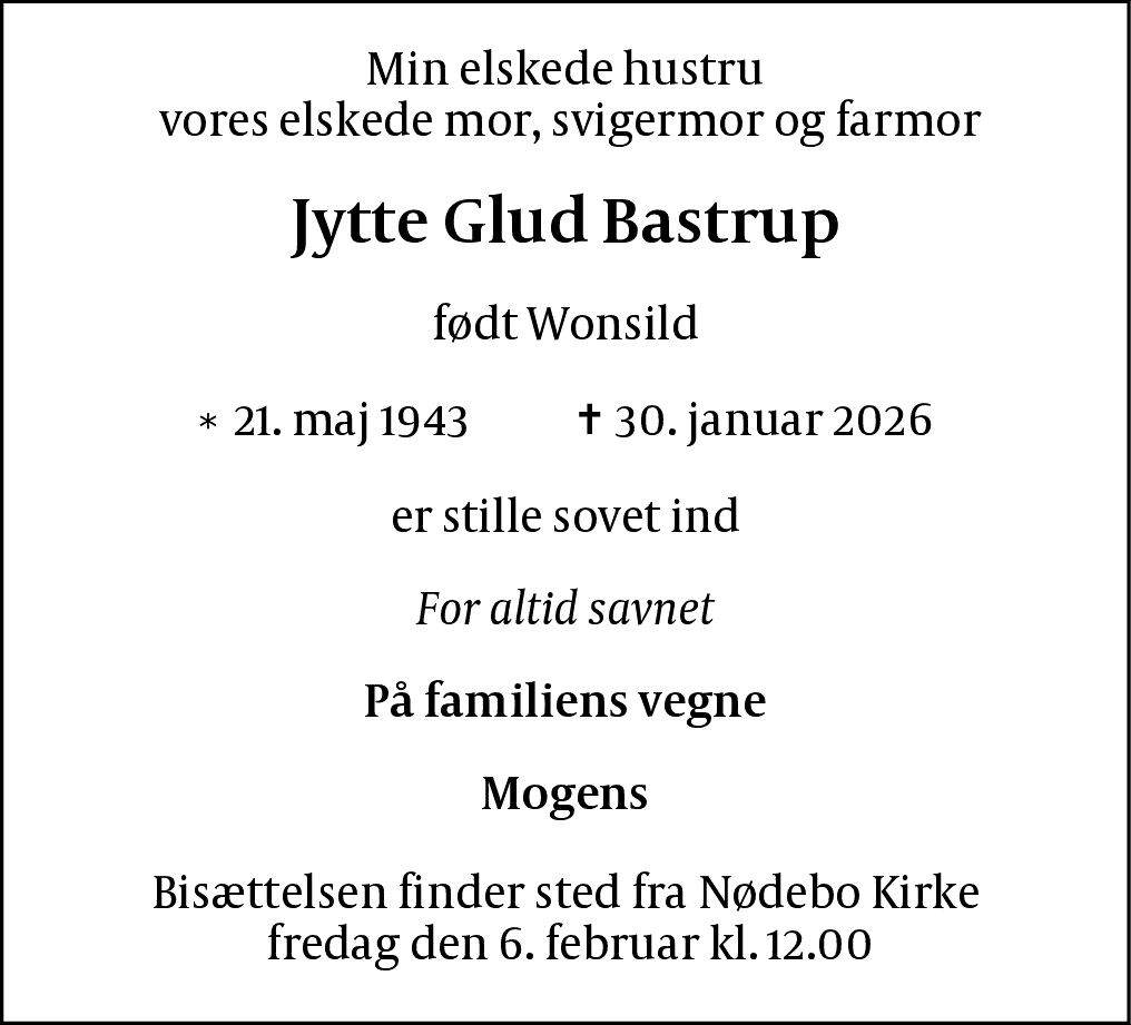Dødsannonce for Jytte Glud Bastrup
