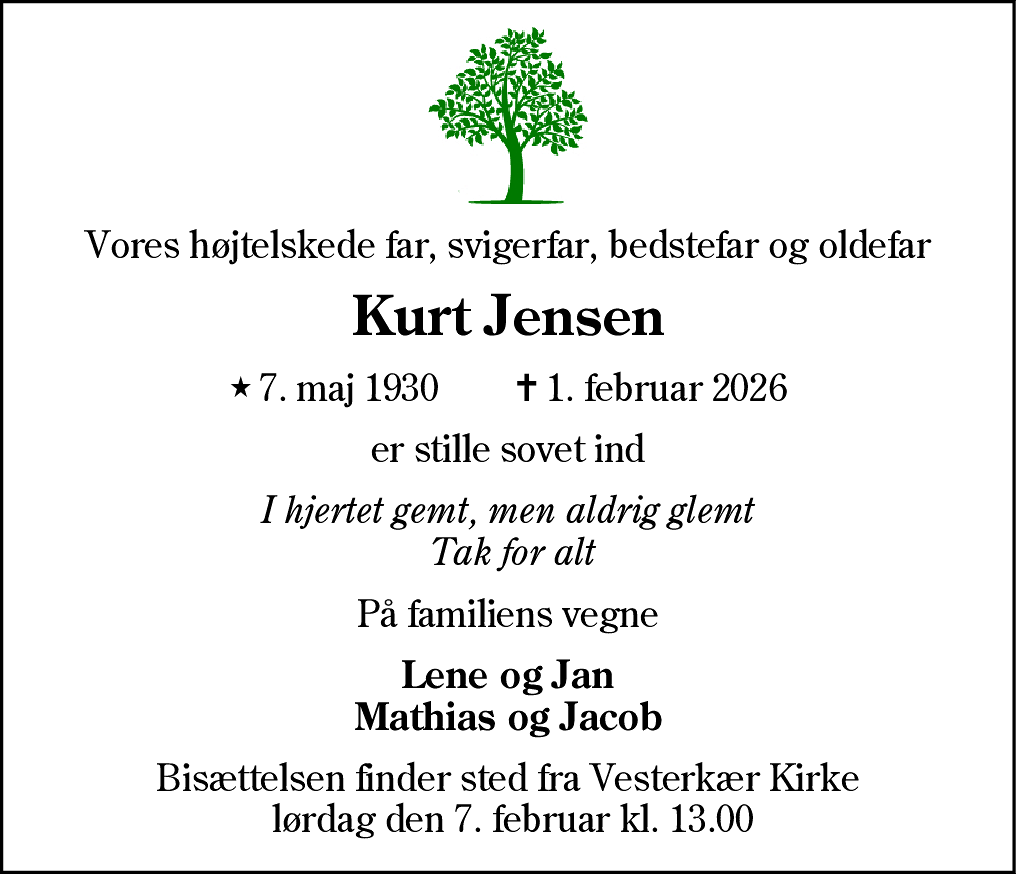 Dødsannonce for Kurt Jensen