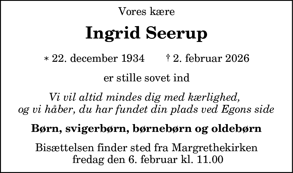 Dødsannonce for Ingrid Seerup