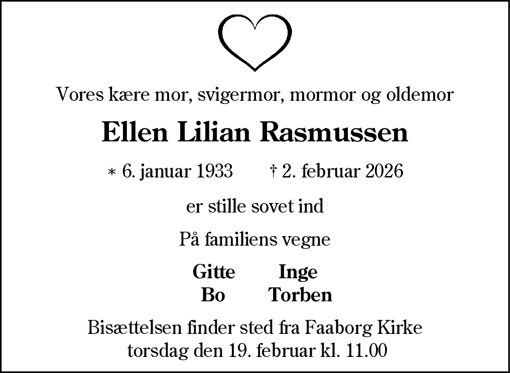 Dødsannonce for Ellen Lilian Rasmussen