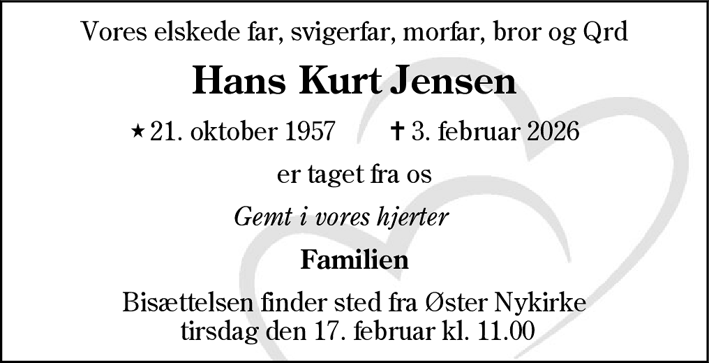 Dødsannonce for Hans Kurt Jensen