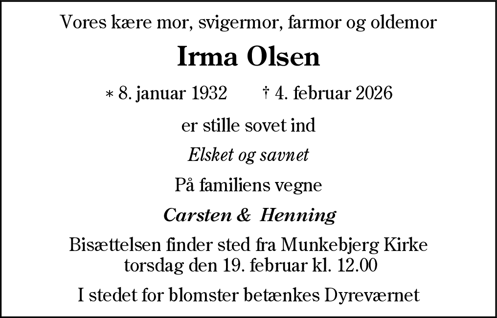 Dødsannonce for Irma Olsen