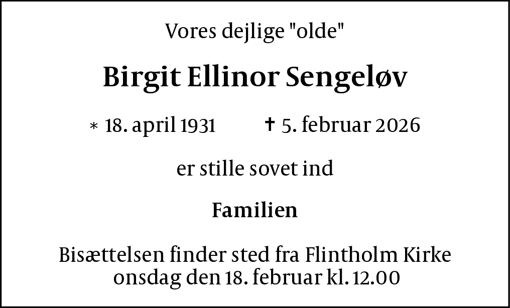 Dødsannonce for Birgit Ellinor Sengeløv