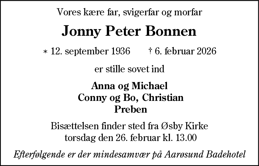 Dødsannonce for Jonny Peter Bonnen