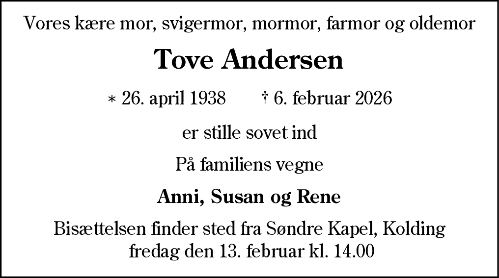Dødsannonce for Tove Andersen