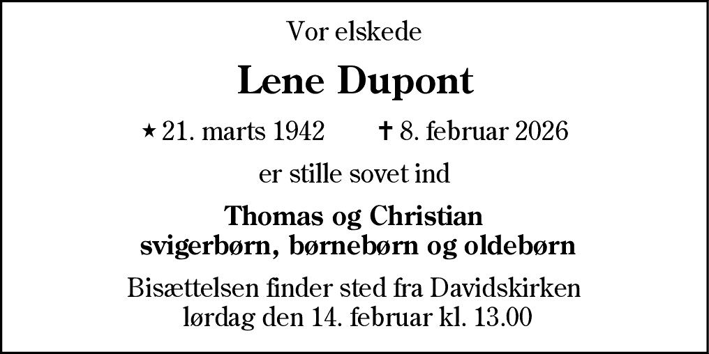 Dødsannonce for Lene Dupont