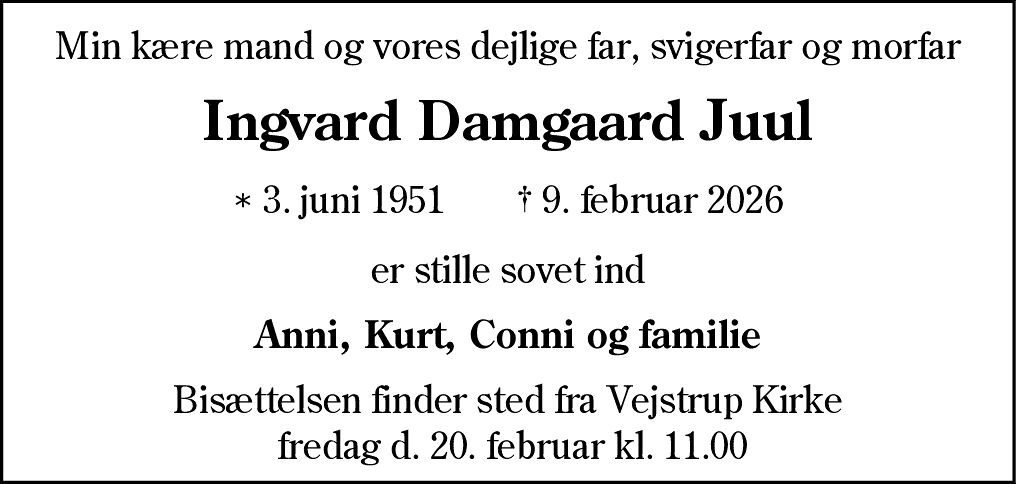 Dødsannonce for Ingvard Damgaard Juul