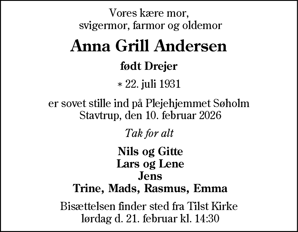 Dødsannonce for Anna Drejer Andersen
