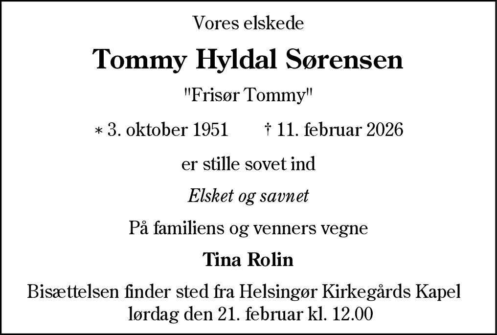 Dødsannonce for Tommy Hyldal Sørensen
