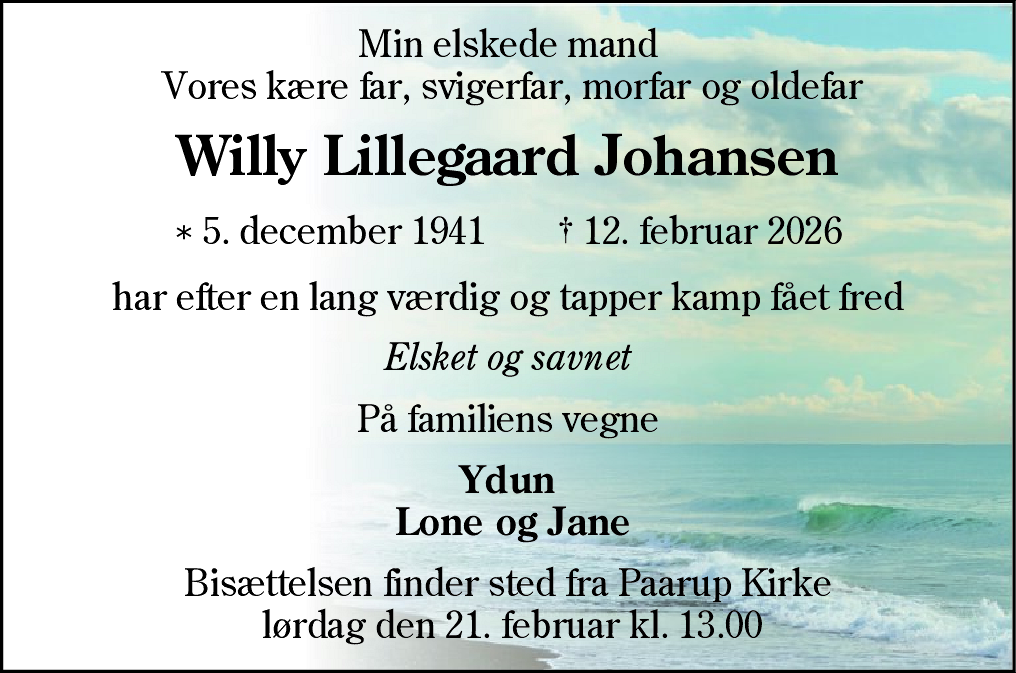 Dødsannonce for Willy Lillegaard Johansen