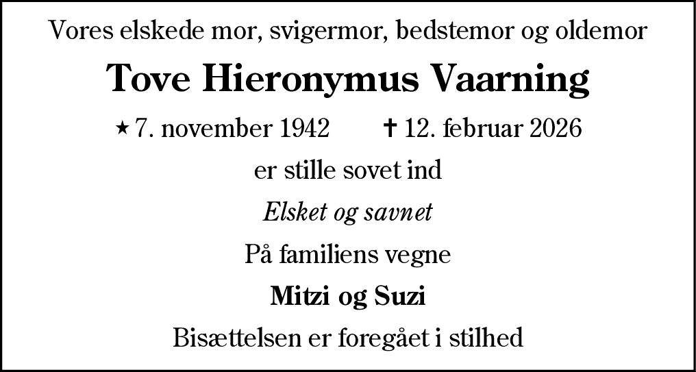 Dødsannonce for Tove Hieronymus Vaarning