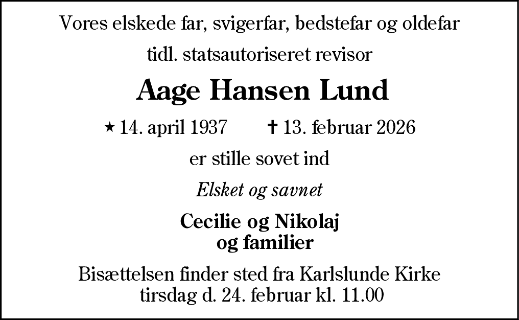 Dødsannonce for Aage Hansen Lund