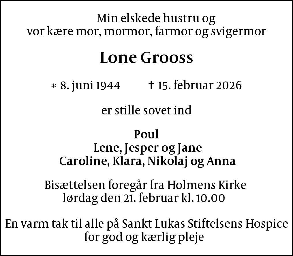 Dødsannonce for Lone Merete Grooss