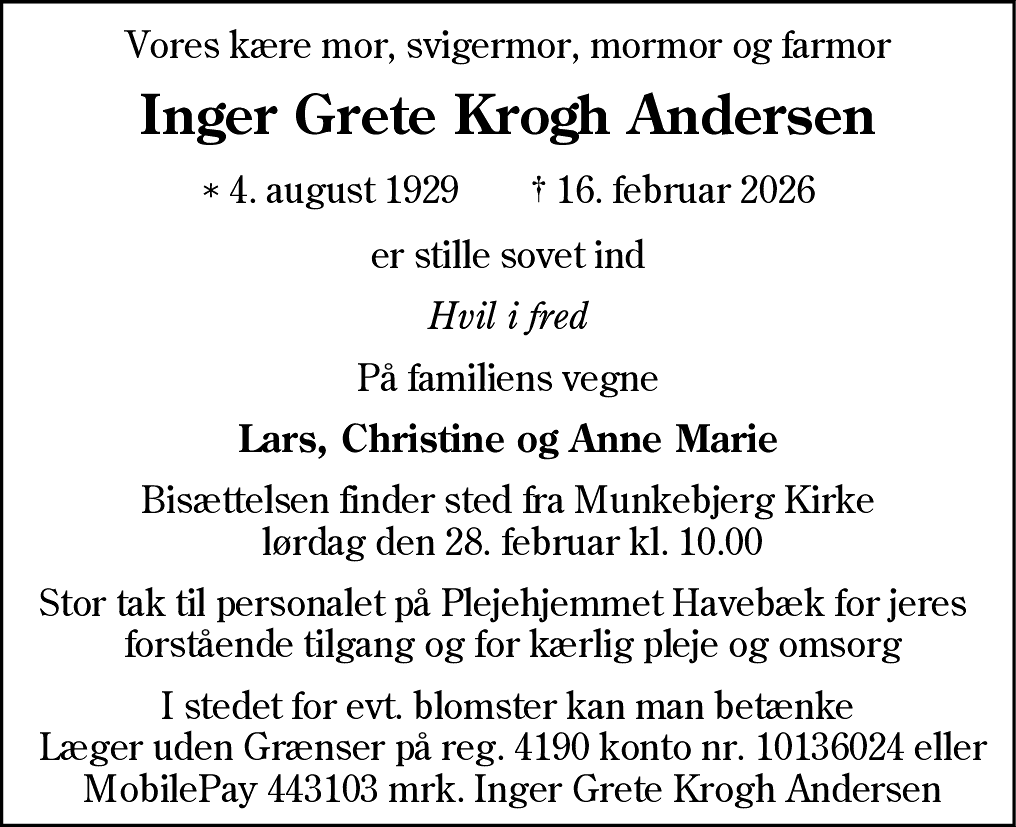 Dødsannonce for Inger Grete Andersen