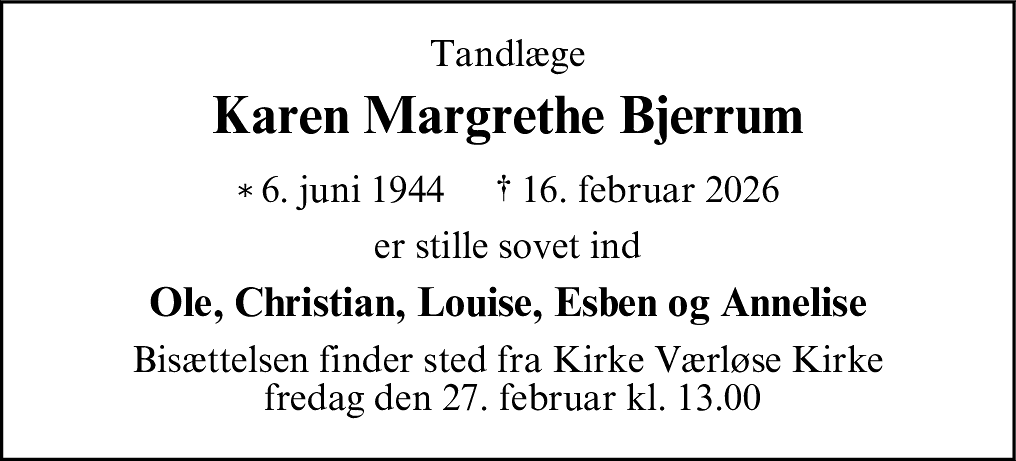 Dødsannonce for Karen Margrethe Bjerrum