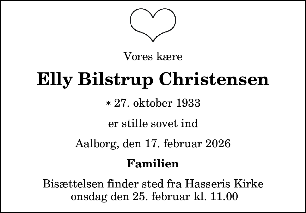 Dødsannonce for Elly Bilstrup Christensen