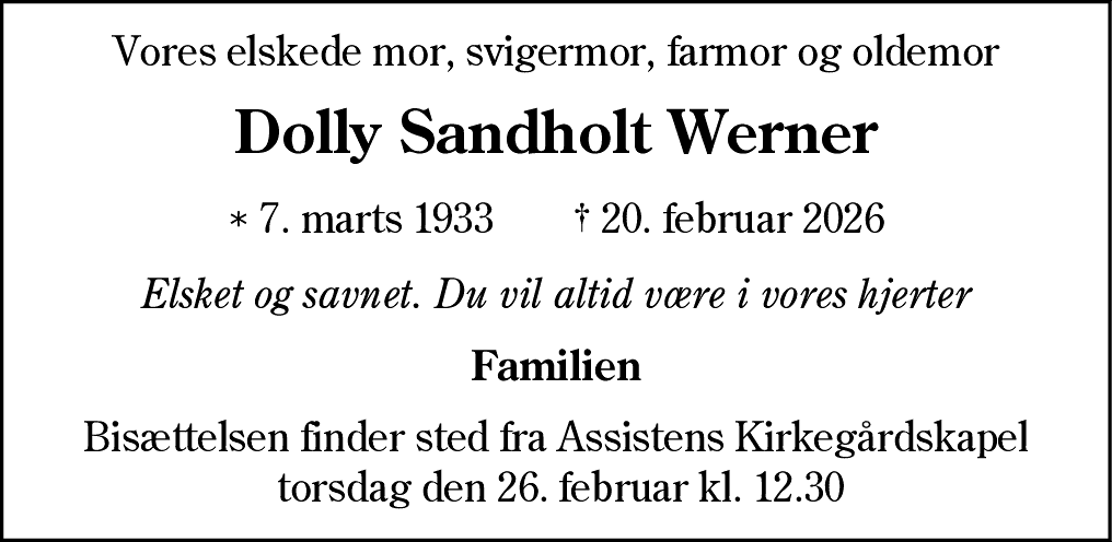 Dødsannonce for Dolly Sandholt Werner