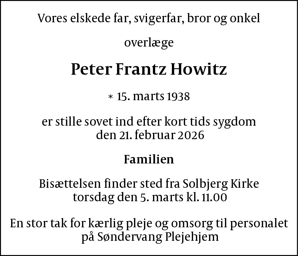 Dødsannonce for Peter Frantz Howitz