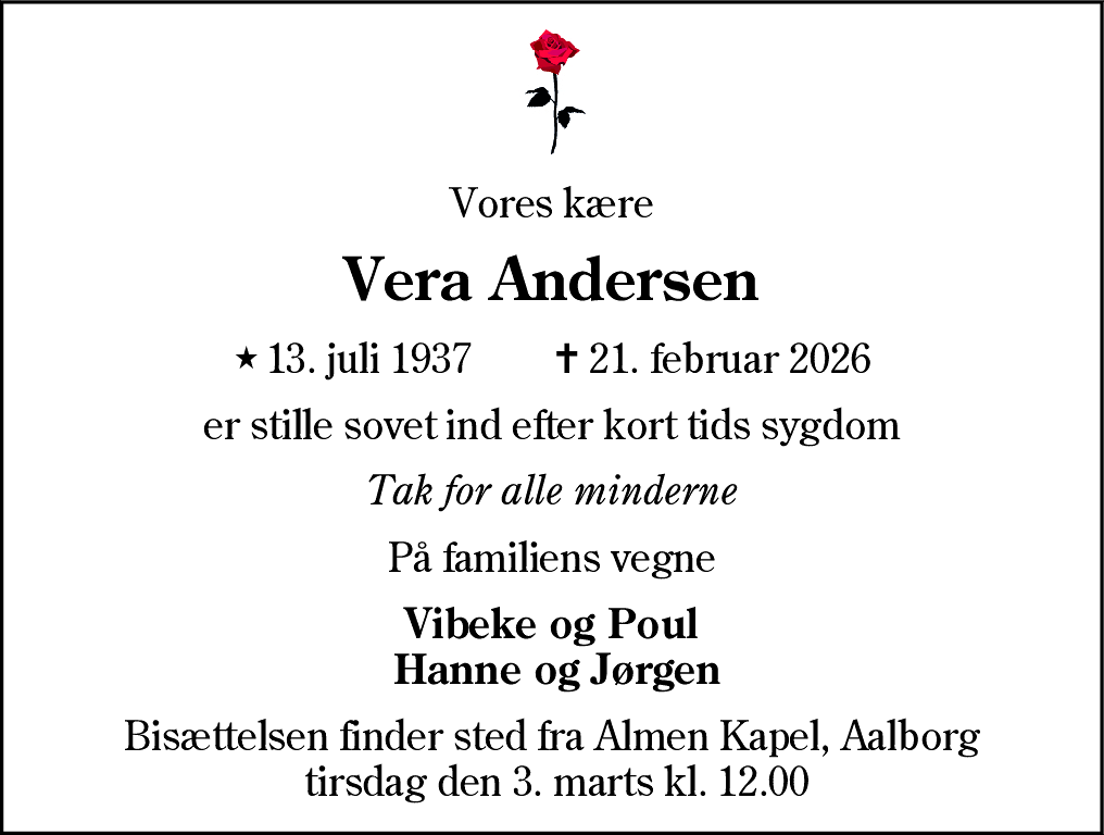 Dødsannonce for Vera Andersen