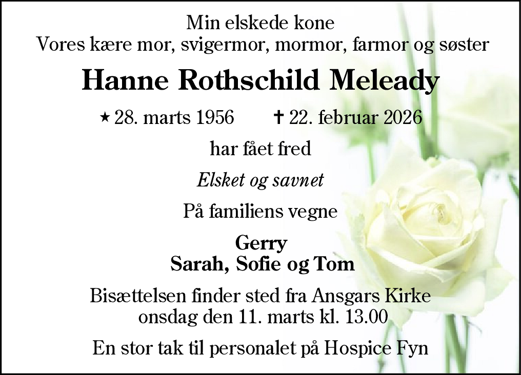 Dødsannonce for Hanne Rothschild Meleady