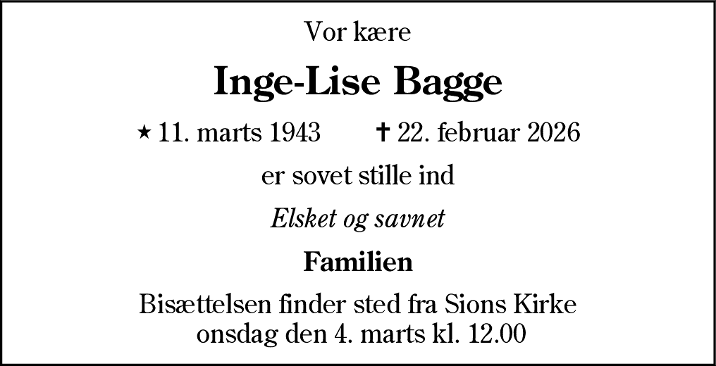 Dødsannonce for Inge-Lise Bagge