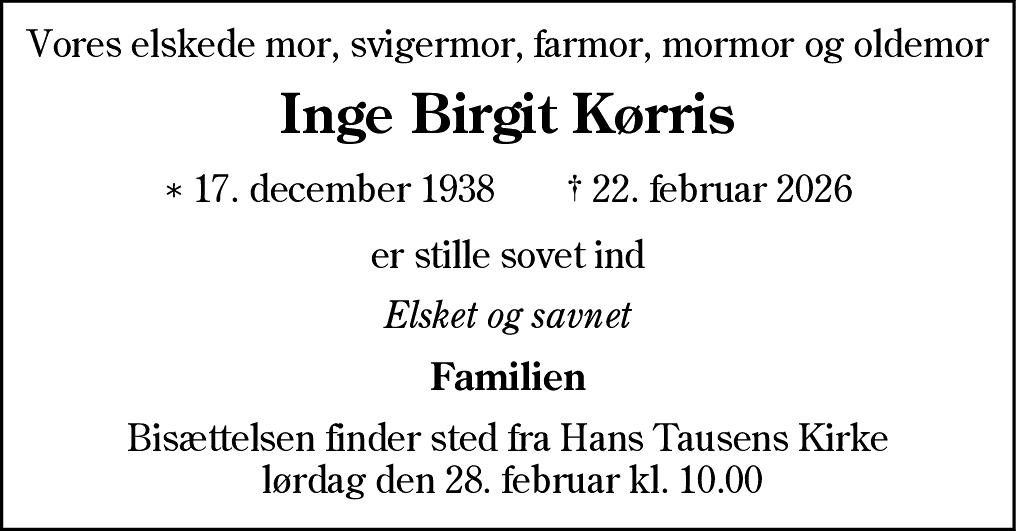 Dødsannonce for Inge Birgit Kørris