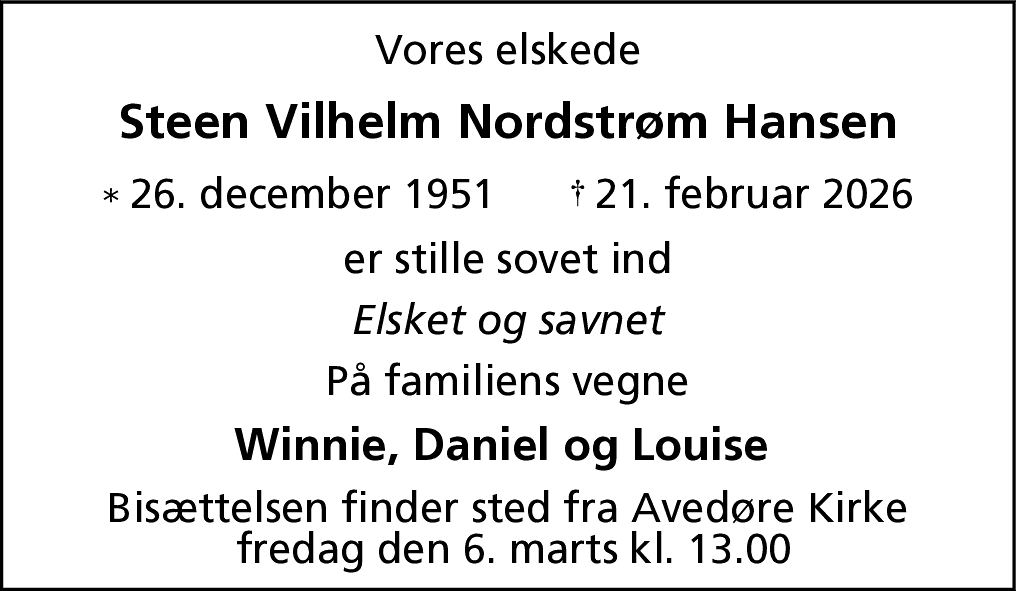 Dødsannonce for Steen Vilhelm Nordstrøm Hansen
