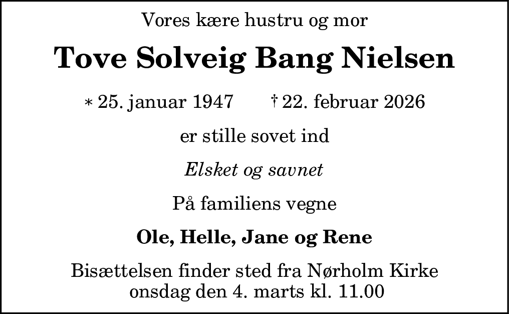 Dødsannonce for Tove Solveig Nielsen