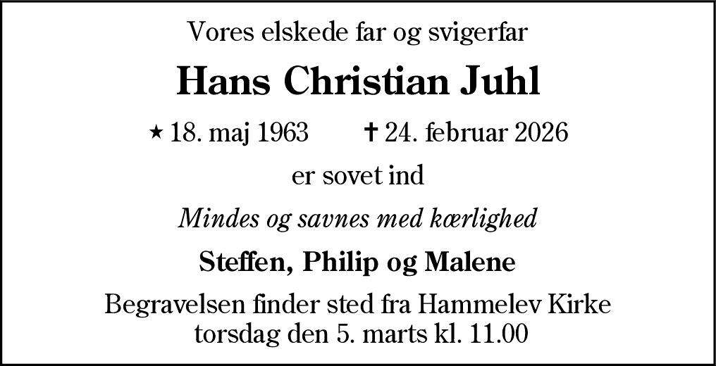 Dødsannonce for Hans Christian Juhl
