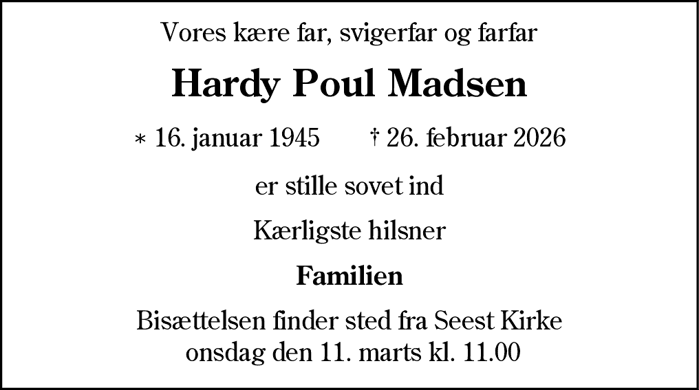 Dødsannonce for Hardy Poul Madsen