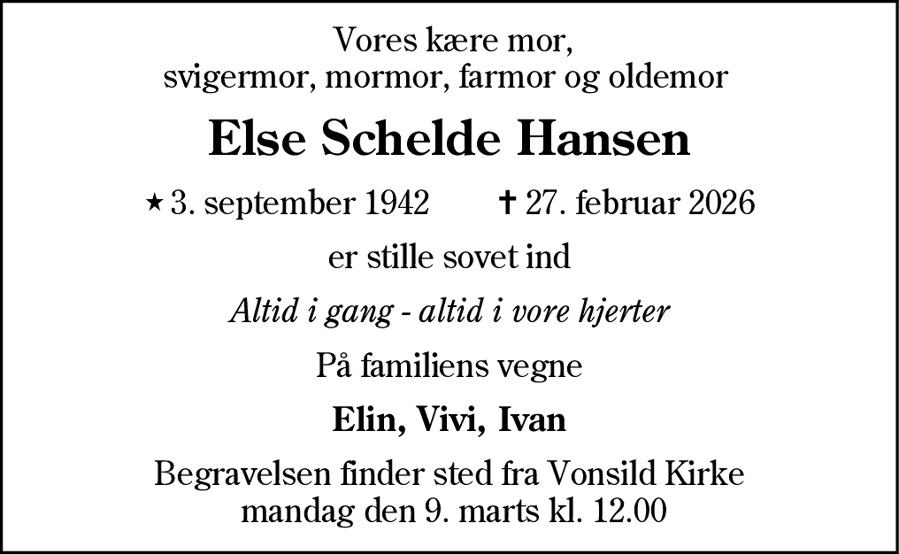 Dødsannonce for Else Schelde Hansen