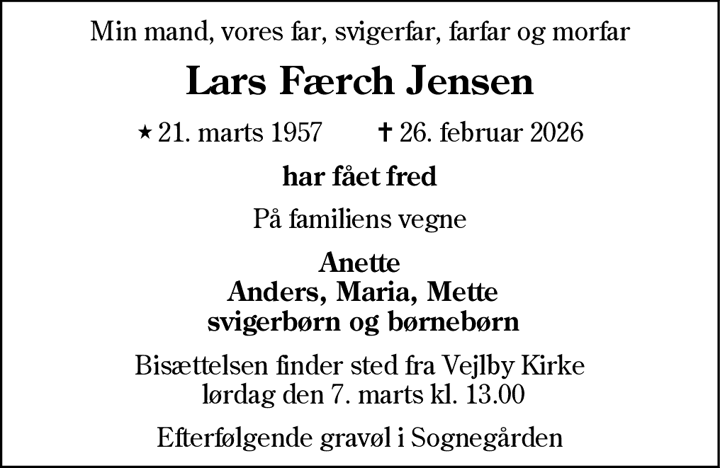 Dødsannonce for Lars Færch Jensen
