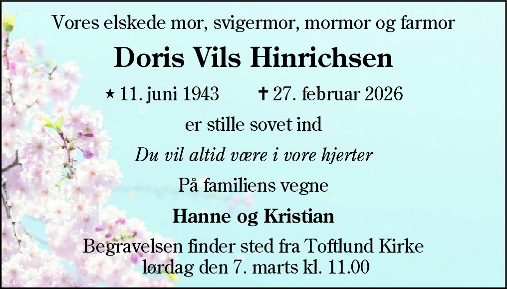 Dødsannonce for Doris Vils Hinrichsen