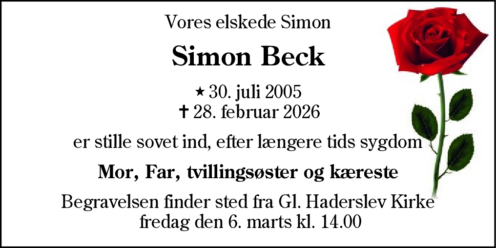 Dødsannonce for Simon Beck