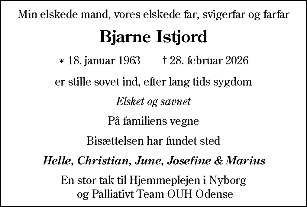 Dødsannonce for Bjarne Istjord
